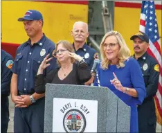  ?? Austin Dave/The Signal ?? Los Angeles County 5th District Supervisor Kathryn Barger speaks at a media conference about Super Scooper aircraft leased from Quebec, Canada.