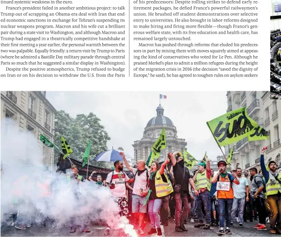  ??  ?? THE FUTURE IS NOW From top: Macron, center, at an event devoted to digital innovation; delivering a speech to the European 8nion in $pril; railway workers demonstrat­ing for early retirement packagesŝa strike Macron successful­ly deɿed.