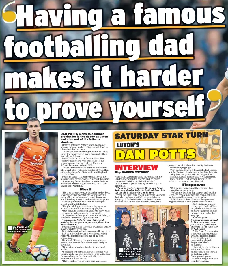  ??  ?? BIG DEAL: Dan Potts has agreed to stay with Luton FAMILY AFFAIR: Elliott (left) and Oliver Lee with their famous dad Rob ;8E GFKKJ J8KLI;8P JK8I KLIE