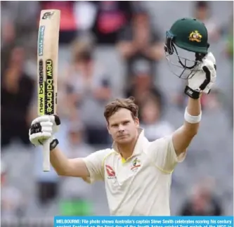  ??  ?? MELBOURNE: File photo showa Australia’s captain Steve Smith celebrates scoring his century against England on the final day of the fourth Ashes cricket Test match at the MCG in Melbourne on December 30, 2017.