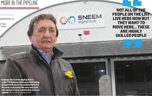  ?? Photo by Sinead Kelleher ?? Outside the Sneem Digital Hub is John V O’Sullivan who says that being proactive in securing employment for the area is possibly the only way that can secure a rural community such as Sneem.