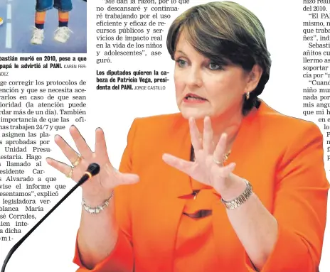  ?? NÁNDEZ KAREN FERJORGE CASTILLO ?? Sebastián murió en 2010, pese a que el papá le advirtió al PANI.
Los diputados quieren la cabeza de Patricia Vega, presidenta del PANI.