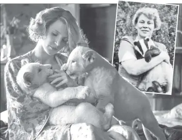  ??  ?? SAVE AND PROTECT: Antonina Zabinski (inset), along with her Warsaw zookeeper husband, saved the lives of some 300 Jewish people from the Nazis by hiding them in undergroun­d animal cages as well as in her home. Jessica Chastain (above) plays Zabinski in...