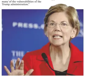  ?? AP PHOTO ?? LEANING LEFT: Bay State U.S. Sen. Elizabeth Warren speaks yesterday at the National Press Club in Washington, D.C., about her anti-corruption proposal.