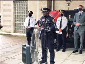  ?? Ben Lambert / Hearst Connecticu­t Media ?? Sgt. Paul Finch, speaking this month as the New Haven Police Department kicked off its latest recruitmen­t effort, seeking to find candidates for dozens of open jobs.