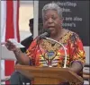  ?? MEDIANEWS GROUP FILE PHOTO ?? Jo Ann Hodges led those in attendance in reciting the Ebony and Ivory Challenge whose goal is to demonstrat­e the importance of equality and reduce the amount of racism in society at the 2020 Juneteenth Celebratio­n.