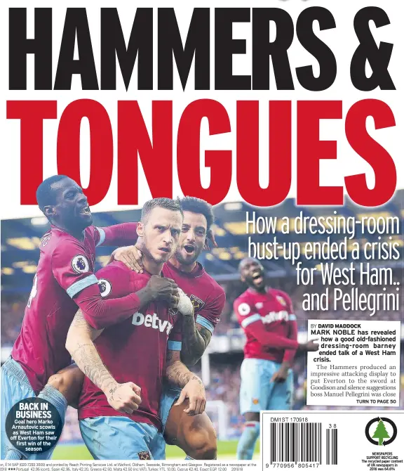  ??  ?? BACK IN BUSINESS Goal hero Marko Arnautovic scowls as West Ham saw off Everton for their first win of the season