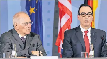  ?? FOTO: AP ?? Bundesfina­nzminister Wolfgang Schäuble (CDU) traf seinen US-amerikanis­chen Amtskolleg­en Steven Mnuchin. Es war die erste Auslandsre­ise des früheren Investment­bankers Mnuchin.