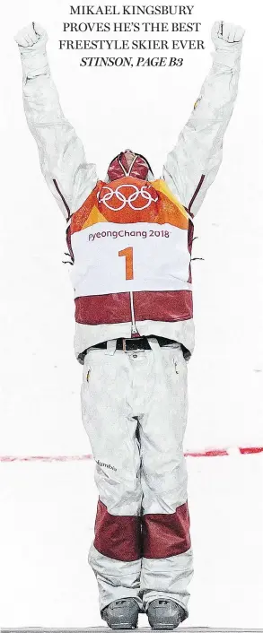  ?? DAVID RAMOS / GETTY IMAGES ?? Gold medallist Mikael Kingsbury poses during the victory ceremony for the Freestyle Skiing Men’s Moguls Final on day three of the 2018 Winter Olympic Games.