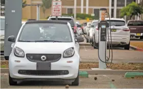  ?? ?? An electric car charges Wednesday in the parking lot at the Public Employee Retirement Associatio­n Building in Santa Fe. According to the New Mexico Motor Vehicle Division, in 2022, there were 4,235 electric vehicles registered in the state. Santa Fe County has 57 charging stations and 119 ports.