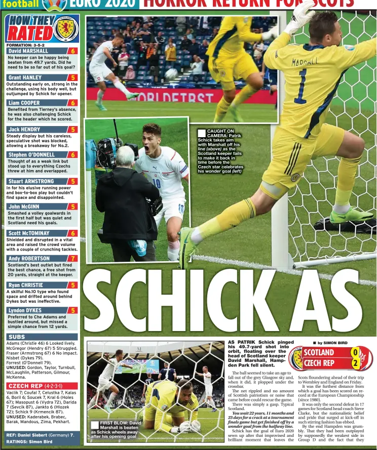  ??  ?? FIRST BLOW: David Marshall is beaten as Schick wheels away after his opening goal
CAUGHT ON CAMERA: Patrik Schick takes aim with Marshall off his line (above) as the Scotland keeper fails to make it back in time before the Czech star celebrates his wonder goal (left)