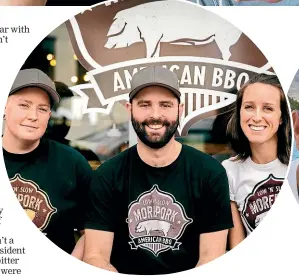  ??  ?? Left: Jodi Bourassa, the head chef at Morepork BBQ, left, and owners Clint Davies, centre, and Ryan Hammond.