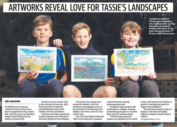  ?? ?? Lansdowne Crescent Primary year 5 students Finn Goddard, left, Lachlan Hamelink and Isabella Bradley with some of the prize-wining artworks. Picture: Nikki Davis-Jones