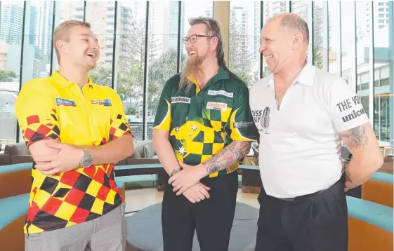  ?? Picture: RICHARD GOSLING ?? Dimitri Van Den Bergh, Simon Whitlock and Russ Bray at the Mantra Legends Hotel in Surfers Paradise yesterday.