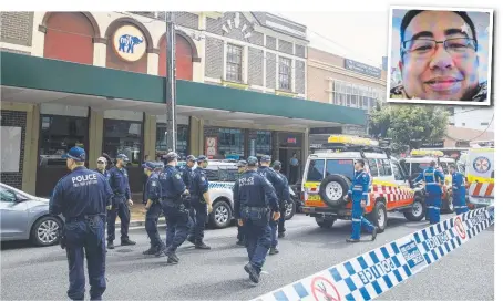  ?? Picture: JENNY EVANS ?? The scene outside the front of The Maroubra Hotel where a police officer was stabbed by Nick Newman (inset), who was shot dead by another officer after the attack.