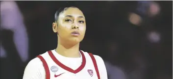  ?? AP PHOTO/HOWARD LAO ?? Southern California guard JuJu Watkins looks on before a Sweet 16 college basketball game against Baylor in the women’s NCAA Tournament on March 30 in Portland, Ore.