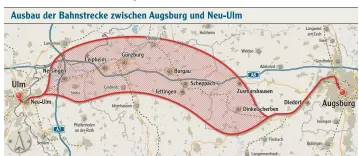  ??  ?? Noch reichlich vage sind die Vorstellun­gen für den Bahnausbau zwischen Augsburg und Ulm. Der obere Bereich zeigt den Korridor, der im Bundesverk­ehrswegepl­an vorgesehen ist. Die Kosten werden zwischen 1,5 und 1,9 Milliarden Euro geschätzt.