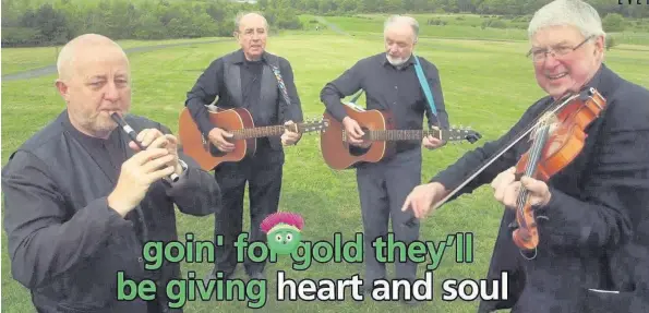  ??  ?? Music video starsPigge­ry Brae band members Jim Ferguson, Will McArthur, Alistair MacFarlane and Ian Robb in the music video that featured in Hampden.