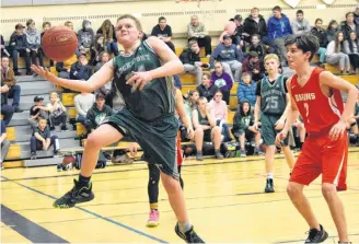  ??  ?? Lockeport Greenwave’s Kristian Matthews keeps the ball inbound during BMHS Junior Boys Winter Classic Basketball Tournament action against the host Barrington Barons.