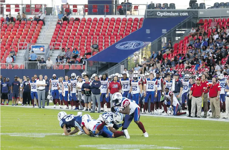  ?? JACK BOLAND / POSTMEDIA NEWS ?? A smattering of the Toronto Argos’ faithful fans could be seen throughout BMO stadium for the pre-season game against the Alouettes on June 8.