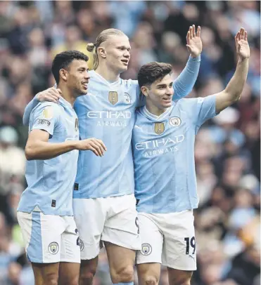  ?? ?? Matheus Nunes, Erling Haaland and Julian Alvarez during Manchester City’s weekend win over Luton