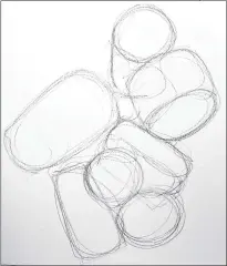  ??  ?? p Next take a soft pencil (2B to 4B) and draw over the shapes, using lovely rounded, continuous lines. As before, go to-and-fro, up-and-down, etc. Be rhythmic in your approach and, as the drawing progresses, start to enjoy the aesthetics of the line you are drawing