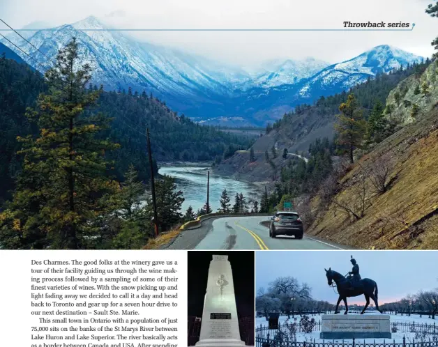  ??  ?? Saskatchew­an War Memorial with a statue of Queen Elizabeth II atop a horse gifted to her by the Royal Canadian Mounted Police. Beautiful sunrise below & the Bison restaurant at Banff