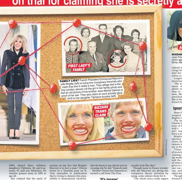  ?? ?? FIRST LADY’S FAMILY
Macron’s French President Emmanuel FAMILY LIES? who conspiracy theorists suing two wife Brigitte (left) is allege she is the really a man. They claim that she is family photo and the girl in her (circled, above) not boy (below) is brother Jean-Michel of her that an old picture actually gave claim an aunt her sex. They also proof of Tiphaine Auzière (left). birth to her daughter