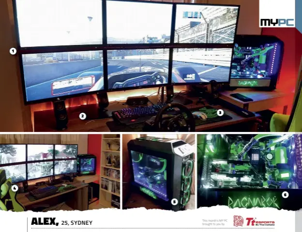  ??  ?? 1. We’re not entirely sure you have enough screens there, dude. 2. We’re seeing a lot of Logitech on that desk. Speakers, keyboard, wheel. 3. Thermaltak­e mouse on a Razer mousepad? Where’s your brand loyalty? 4. Gaming chairs are the the most...