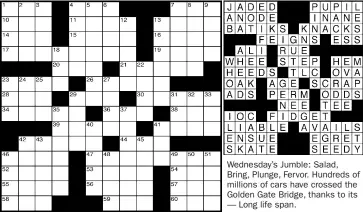  ??  ?? Wednesday’s Jumble: Salad, Bring, Plunge, Fervor. Hundreds of millions of cars have crossed the Golden Gate Bridge, thanks to its — Long life span.