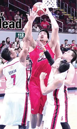  ??  ?? Samigue Eman of Alaska goes for a twinner against a trio of Blackwater defenders yesterday in the PBA. The Aces won, 87-79. (Bob Dungo Jr.)