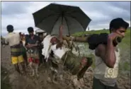  ?? BERNAT ARMANGUE — THE ASSOCIATED PRESS ?? Ethnic Rohingya carry an elderly man and walk through rice fields Friday after crossing over to the Bangladesh side of the border near Cox’s Bazar’s Teknaf area.