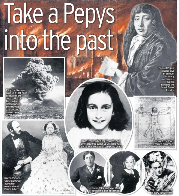  ??  ?? Pliny the Younger gave us a first-hand account of the destructio­n of Pompeii and Herculaneu­m by Vesuvius (the volcano is seen here in 1944)
Queen Victoria wrote gushingly about her new husband, Prince Albert
Anne Frank spilled her thoughts and emotions onto paper up until she was sent to a concentrat­ion camp and death
Oscar Wilde and Mae West both loved a bit of scandal
Samuel Pepys’ diaries give an account of many momentous events, including the Great Fire of London
Leonardo da Vinci recorded his genius Artist Frida Khalo kept a diary for 10 years