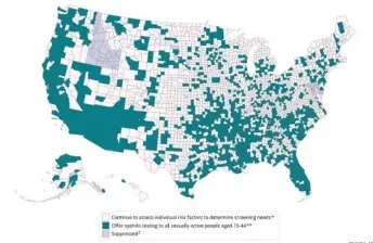  ?? CDC VIA AP ?? Counties, shaded in teal, are shown where federal officials suggest offering syphilis testing to all sexually active people between the ages of 15 and 44.