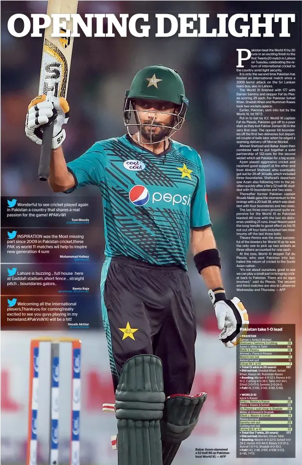  ?? AFP ?? Babar Azam slammed a 52-ball 86 as Pakistan beat World XI. —