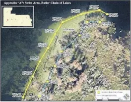  ?? JAMES SCOTT ?? This map of Bird Island’s northwest shore and shallows shows the area, marked in yellow, that would be off limits to watercraft if Orange County commission­ers approve a code change today.