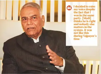  ?? Antonin Kélian Kallouche/Gulf News ?? Yashwant Sinha during his recent visit to Dubai. The former Indian finance minister says the RSS, the fountainhe­ad of the ruling BJP party, has no control over PM Narendra Modi.