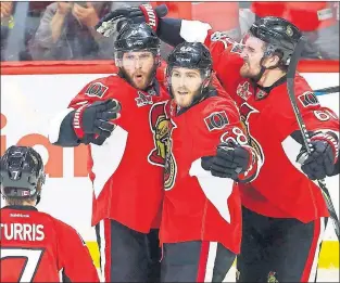  ?? CANADIAN PRESS PHOTO/FRED CHARTRAND ?? Ottawa Senators Bobby Ryan (9) celebrates his goal against the Pittsburgh Penguins with Kyle Turris (7), Mike Hoffman (68) and Mark Stone (61) during Game 6 of the NHL’S Eastern Conference final Tuesday in Ottawa. The Senators won 2-1 to force a...