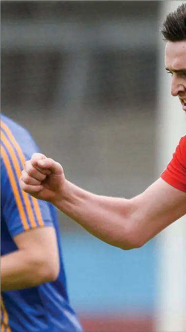  ??  ?? Tommy Durnin celebrates after contributi­ng to a Louth score in the closing stages of Sunday’s win over Wicklow.