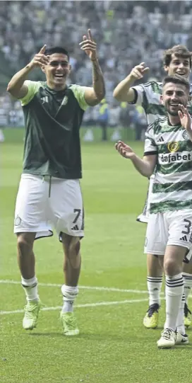  ?? ?? The Celtic players take the acclaim of the home support after clinching a 2-1 win over Rangers at Parkhead on Saturday. Above left, Brendan Rodgers has rejuvenate­d Celtic from a position of weakness in the title race