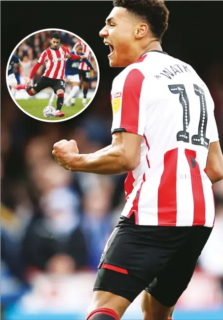  ?? PICTURES: PA Images ?? COMEBACK: Brentford’s Ollie Watkins celebrates scoring their first goal. Inset: Said Benrahma adds their second from the spot