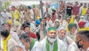  ?? PTI ?? BKU leader Rakesh Tikait and his supporters stage a protest against the state government in Hisar on Monday