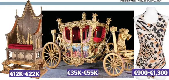  ?? ?? Sitting pretty: St Edward’s Chair
Travelling in grand style: State Coach reproducti­on €900-€1,300
Leopard-print: Diana swimsuit €12K-€22K €35K-€55K