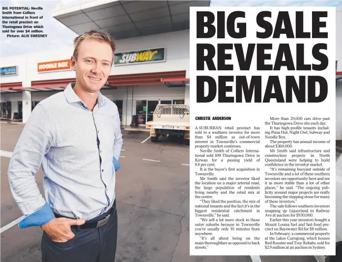  ?? Picture: ALIX SWEENEY ?? BIG POTENTIAL: Neville Smith from Colliers Internatio­nal in front of the retail precinct on Thuringowa Drive which sold for over $ 4 million.