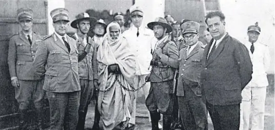  ??  ?? Omar Mukhtar being taken away after he was arrested by occupation powers.