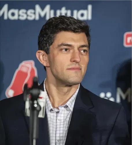  ?? PHOTO BY AMANDA SABGA — MEDIANEWS GROUP/BOSTON HERALD ?? Red Sox chief baseball officer Chaim Bloom speaks during a press conference announcing the signing of Japanese outfielder Masataka Yoshida at the Dell Technologi­es Club at Fenway Park on Dec. 15, 2022 in Boston. Most Red Sox fans don’t share Bloom’s optimism about the future.
