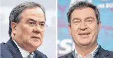  ?? FOTOS: MICHAEL KAPPELER/DPA ?? Wer wird der Kanzlerkan­didat der Union, Armin Laschet (links) oder Markus Söder? Die Tendenz bei den Cdu-verantwort­lichen aus Wangen geht zu Letzterem.