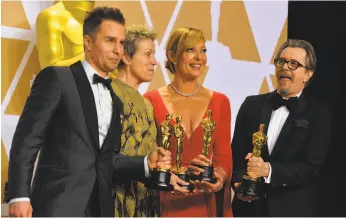  ?? Scott Varley / TNS ?? Sam Rockwell (left), Frances McDormand, who made a plea for diversity, Allison Janney and Gary Oldman backstage at this year’s Academy Awards.