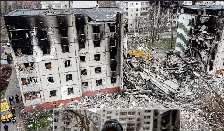  ?? ?? INFLAMING HATRED: A woman, left, is overcome with grief after her daughter and son-in-law died under the rubble of a building destroyed by Russian shelling in Borodyanka, above