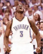 ?? Ronald Martinez / Getty Images ?? Dion Waiters demonstrat­es the state of euphoria the Thunder are enjoying after their third consecutiv­e victory in the series.